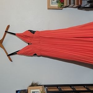 ABS V Plunge Neck SHEER Pleated layered Dress Tangerine 8